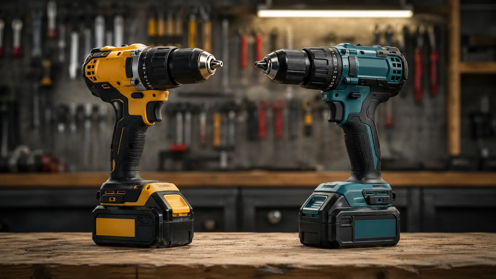 Concept comparison image showing yellow-and-black and teal-and-black cordless drills on a workshop bench