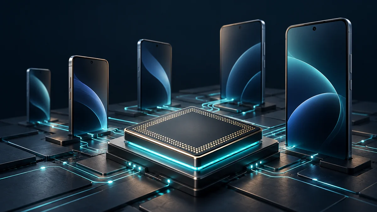 Conceptual phones around an abstract processor illustrating Dimensity generation upgrade choices.