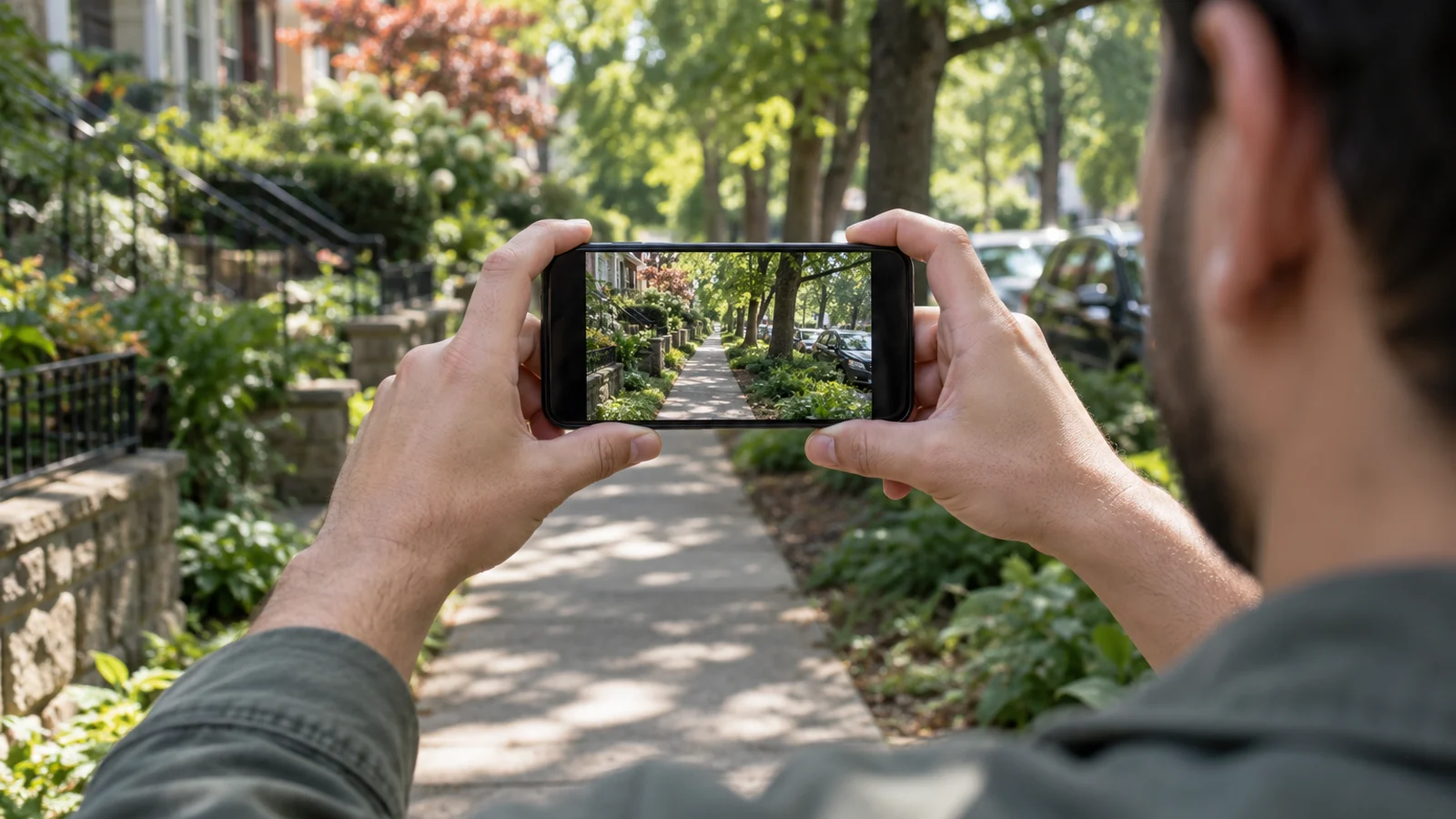 Person holding an unbranded phone horizontally with both hands to record a leafy neighborhood walkway
