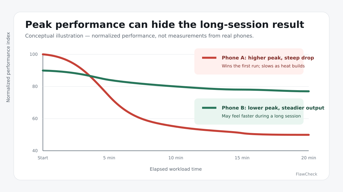 Conceptual chart comparing high peak performance with steadier sustained smartphone performance