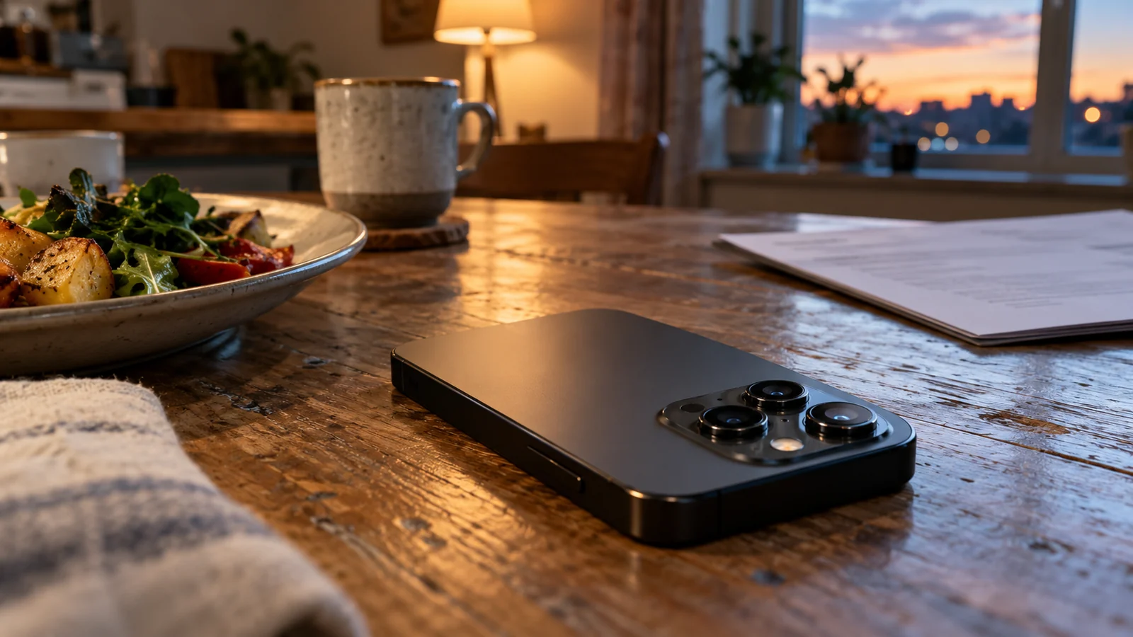 Unbranded smartphone rear cameras on a wooden table beside food and a document in evening indoor light