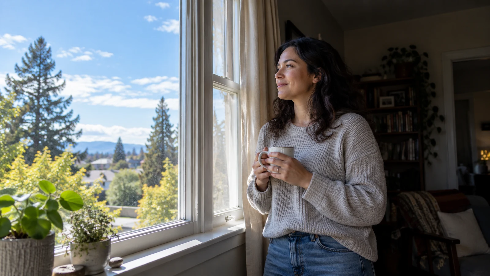 A person beside a bright window, with trees and sky outside and a darker room behind them.