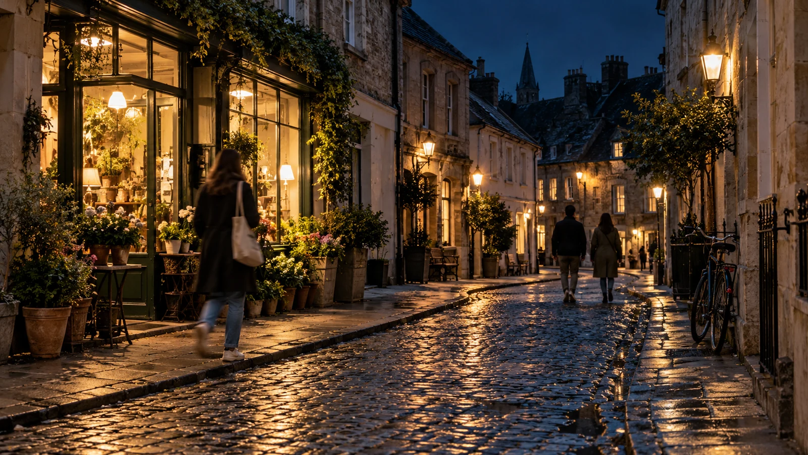 Night street with shopfronts and pedestrians, illustrating a mix of static and moving subjects.