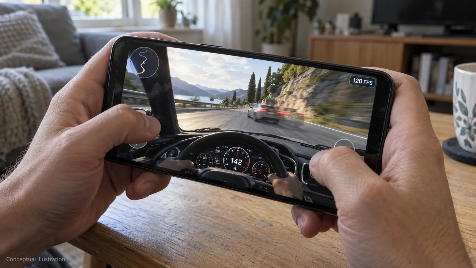 Conceptual illustration of hands playing a racing game on a phone with a 120 FPS counter