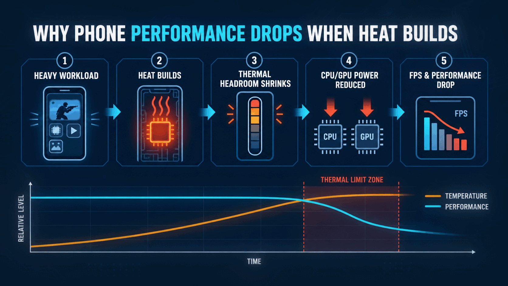 Diagram showing a heavy phone workload building heat, shrinking thermal headroom and reducing CPU and GPU performance