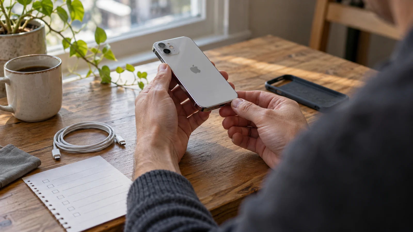 A buyer inspecting a used iPhone beside a charger and checklist.
