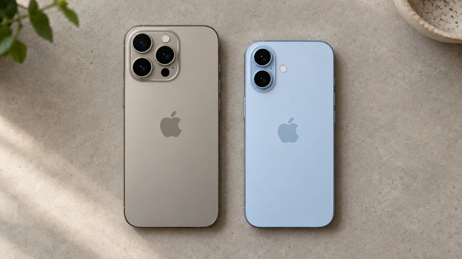 AI illustration of a larger iPhone 16 Pro Max beside a smaller iPhone 17, rear sides up on a neutral desk.